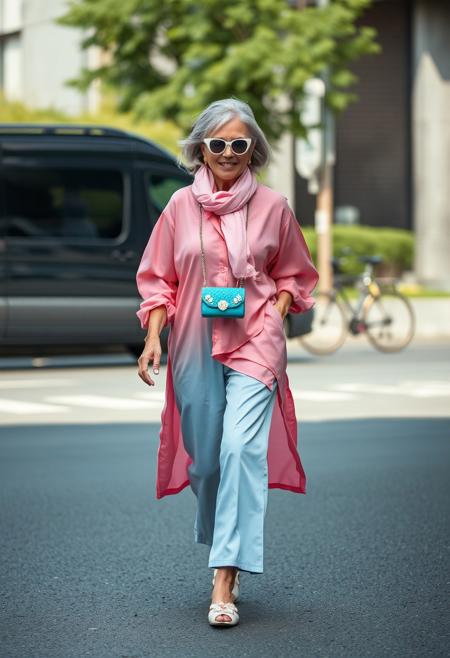 masterpiece portrait of a stylish mature woman::1.4, street photography style::1.2, contemporary fashion art::1.1, (physical description: mature woman with shoulder-length blonde-grey hair, slender build, mid-stride walking towards viewer:1.1), (facial features, expression: smiling face, eyes hidden by small white cat-eye sunglasses, sun-kissed skin:1.0), (clothing details: oversized long flowy vibrant pink silk button-up tunic shirt, light blue wide-leg cropped trousers:1.0), (accessories: long pink scarf tied around neck, small turquoise beaded top-handle bag with white floral accents, white mules with intricate floral embellishments:0.9), (background setting: blurred urban street, dark van, cyclist in background, green foliage, asphalt ground:0.9), (lighting style: bright daylight, natural, soft directional lighting:0.8), (composition and camera framing: full body, dynamic, candid, slightly low angle, subject moving towards viewer:1.0), (emotional tone or theme: confident, chic, vibrant, effortlessly elegant, urban sophistication:0.9), (technical execution: sharp focus on subject, shallow depth of field, vivid color palette:0.8).