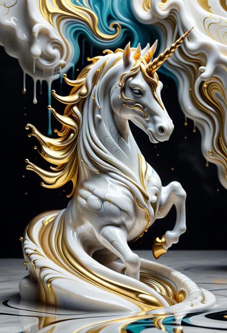 A surreal depiction of a unicorn formed from swirling liquid marble in radiant white and gold. The unicorn's elegant head and spiraling horn emerge prominently, crafted from polished, gleaming marble that appears to drip and melt into abstract fluid shapes. Golden accents flow seamlessly through the white marble, defining the contours of its features with a glowing, ethereal effect. The swirling patterns of the marble give the unicorn a sense of graceful motion, as if it is alive within the liquid medium. The background is a soft, minimalist gradient of gold and white, enhancing the ethereal atmosphere. Subtle geeky details, like pixelated patterns and circuit-like etchings, are embedded in the marble, giving the design a modern twist. The unicorn's form exudes a majestic yet surreal quality, with the dripping marble pooling beneath it into intricate, abstract swirls that resemble a mystical aura.