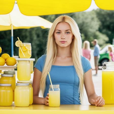 a photo of 3lsaj3an, blonde woman, at a lemonade stand, best quality, detailed skin <lora:elsajean_SDXL:0.9>