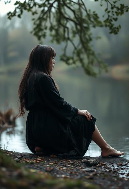 lone roguish female figure, kneeling or sitting, edge of a small body of water, beside a tree, surrounded by nature, partial profile view, introspection, quiet reflective moment, candid, vulnerable, contemplative posture, cinematic, (captured naturally:1.2), distant gaze, intimate, timeless moment, (detailed background:1.3), natural light, dramatic lighting, depth of field, (photorealism:1.4), 8k UHD, (blurry:-1.3), (lowres:-1.5), (ugly:-1.2), (mutated:-1.4), (worst quality:-1.4), (bad anatomy:-1.3), (cartoon:-1.1), (sketch:-1.1), (distorted proportions:-1.3), (extra limbs:-1.5), (cgi:-1.4)