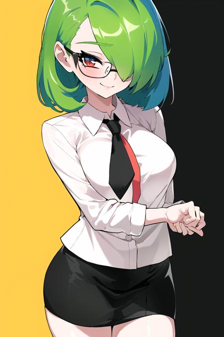 (best quality, masterpiece1.2),  1girl, solo,looking at viewer, Over-the-shoulder shot,   yellow background:1.3,  colorful ,simple background, 
dynamic pose,smile ,detailed eyes , cowboy shot, red eyes, green hair ,  bob cut, office lady,  necktie,miniskirt, hair over one eye, glasses,  
<lora:drunkoakStyle-24:1>,drunkoak,