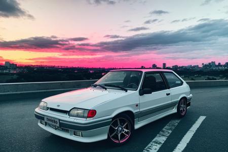 A {white|black|red|blue|pink) car is parked by the road :: pink sunset and city in the background :: 1980 :: Luxyry style :: Hyperdetailed : Ultra realistic :: cinematic :: Neon lighting :: Unreal engine :: RTX --ar 2:3, (VAZ2113),  <lora:VAZ2113:0.8>