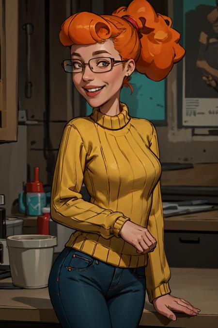 patty, solo, 1girl, glasses, orange hair, ponytail, sweater, breasts, smile,looking at viewer, smile,pants,  best quality, masterpiece, absurdres,   <lora:pattyp2-000008:0.5>