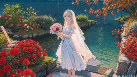 masterpiece,best quality, 1girl, bare shoulders, white hair, veil, blue eyes, very long hair, grin, bouquet, day, dress, flower, holding, holding bouquet, lake, looking at viewer, nature, outdoors, red flower, rose, solo, standing, tree, water, water drop, waterfall, wet sky, cloudy sky, building, sun