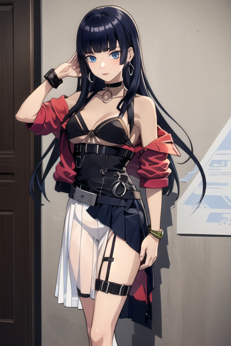 EriIbusaki, 1girl, solo, long hair, blue eyes, pleated skirt, black hair, dress, cleavage, jewelry, medium breasts, blue hair, red jacket, pleated skirt, hoop earrings, choker, belt, blunt bangs, black skirt, off shoulder, bracelet, see-through, thigh strap