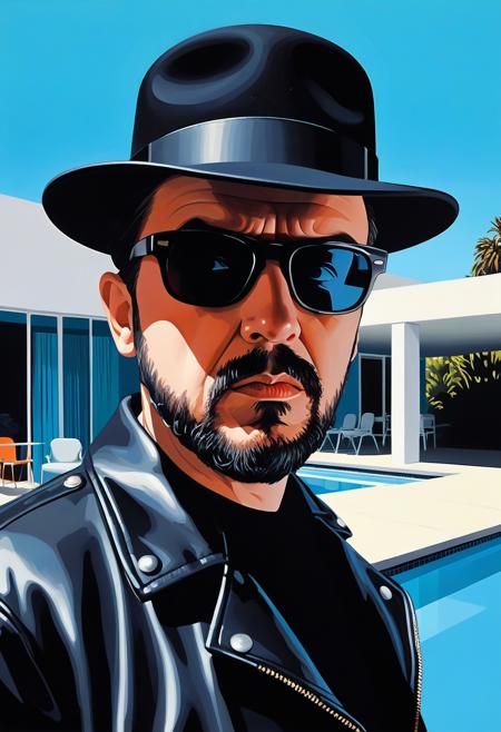 intimidating drug kingpin in black pork pie hat, dark sunglasses pushed up on forehead, goatee, black leather jacket, head tilted down slightly, eyes looking up directly at viewer from under lowered brow, intense unblinking Kubrick stare, eyebrows furrowed, menacing predatory gaze, whites of eyes visible above iris, unsettling fixed expression,, vibrant acrylic painting style, bold flat colors, clean geometric compositions, bright California sunlight, crisp shadows, modernist architecture, swimming pool blue tones, perfectly manicured landscapes, mid-century modern aesthetic, saturated color palette, smooth gradients, minimal detail work, contemporary pop art influence, architectural precision, optimistic 1960s atmosphere,