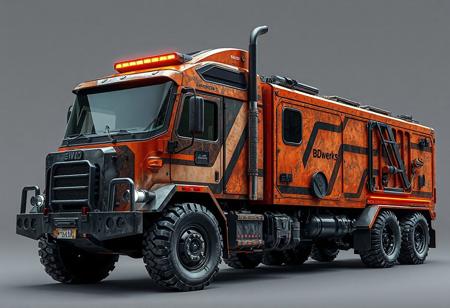 1 vehicle, 
cyberpunk semi-truck with industrial trailer.. large wheels. Large cabin with big windows. Offroad ready
Logo label "BDwerks®" written on the side 
View from above.
