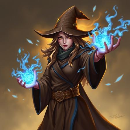 Female mage, casting spells, blue spells, golden aura, wearing brown robe with blue trim, wearing brown pointed wizard hat