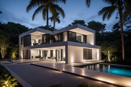 RAW photo,Masterpiece, high quality, best quality, authentic, super detail,
(exterior:1.1), contemporary house on the garden,design by Hugo Alvar Henrik
Aalto, nice landscape design,huge front yard, white gravel brick front yard, (tropical
trees and plants), night time,(high detailed :1.2), 8k uhd, dslr, soft lighting,
high quality, (film grain:1.1), Fujifilm XT3, people