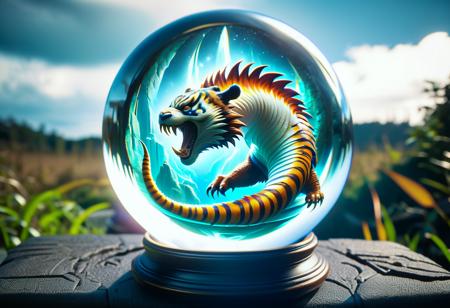 hyper detailed masterpiece, dynamic realistic awesome quality,fusion of Tigrex,hantu udin,panda,siren,in a DonMCry5741b411XL crystal ball  <lora:DonMCry5741b411XL:1>