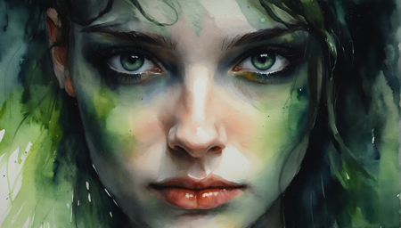 abstract watercolor painting of a close-up portrait of a young woman's face. She has a dramatic and eerie look with green and dramatic makeup. Her eyes are a green. Her hair is styled in loose waves and falls over her shoulders. The background is dark and out of focus, making the woman the focal point of the image. The lighting is dramatic.