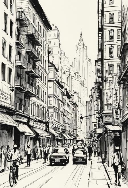An ink sketch of a bustling city street, with towering buildings and narrow alleyways teeming with life. The sharp, bold lines of the architecture contrast with the soft, sweeping strokes that capture the movement of pedestrians and cyclists. Small, intricate details, like street lamps and signs, are etched in fine cross-hatching, while shadows are created with careful ink washes, adding depth and contrast to the lively urban scene