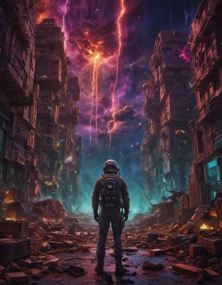 epic, cinematic, stylized by Gary Panter, photograph, landscape of a vibrant and colorful scene depicts a sci-fi movie, with crates flying in all directions and the sound of explosions. The background is a mix of neon greenery and flashing lights, creating an otherworldly atmosphere. As you look at it, Moonlight, Tintage, Phase One XF IQ4 150MP, 800mm lens