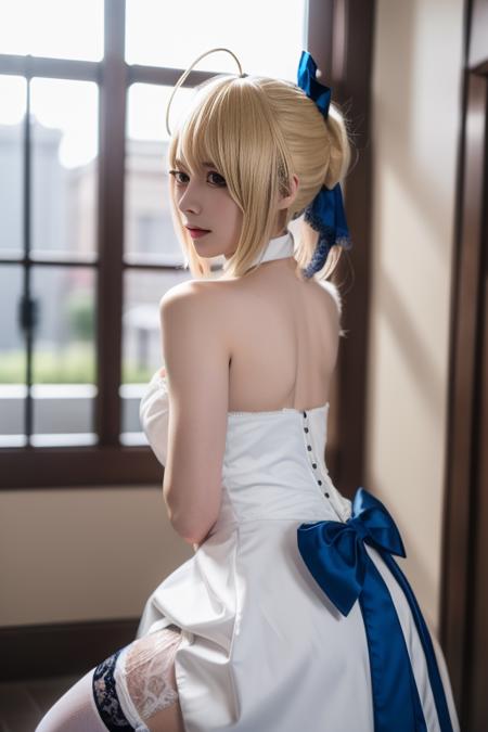 saber, artoria pendragon \(fate\), bailifu, strapless dress,  ahoge, bangs, hair bun, sidelocks, hair ribbon, hair ornament,