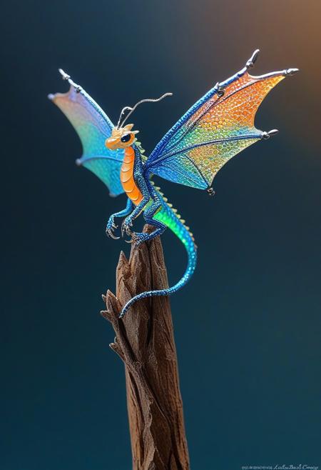 A highly detailed scene of a micro miniature fairy-like dragon perched on a tip of a needle, The dragon has vibrant iridescent wings with intricate patterns, its body are delicate and slender, dragonfly-like creature, glowing translucent scales that shimmer in shades of blue and green and orange, the dragon's expressive eyes and tiny claws are meticulously crafted, whimsical and magical appearance, The background is softly blurred, enchanting creatures, dreamy and otherworldly atmosphere, <lora:MJ52:0.5>