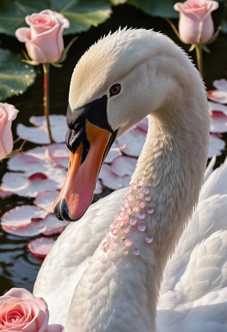 A photorealistic close-up of a majestic swan, its entire body formed entirely from soft, velvety rose petals. The rose petals should be a gradient of red, pink, and cream, with dewdrops glistening on the tips like tiny pearls. The background should be a soft bokeh of sunlight filtering through leaves.