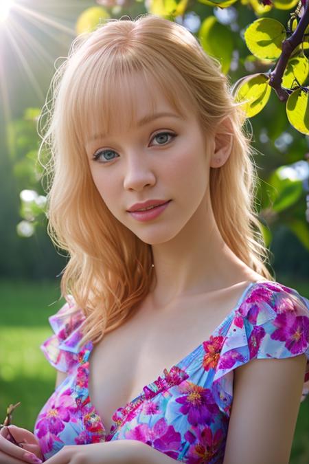 portrait of  DEN_natasha_legeyda wearing a dress in an orchard on a sunny day,
summer dress, floral dress, clothed, god rays, dust, lens flare,
masterpiece, high detail, detailed, photorealistic, beautiful eyes,