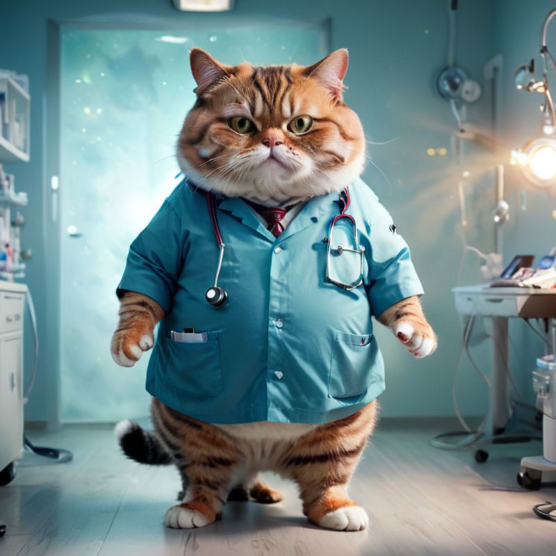 A fat cat wearing a blue coat and a tie standing in a medical office.