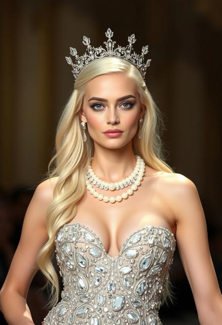 30 -year -old woman, long platinum blond hair. Large breasts, sHe wears a handmade dress from full diamonds, who are accepted as an artistic work. He walks in a fashion show as a location. Pearl necklace and accessories are in perfect harmony. The dress is a masterpiece of the dress that is fitted with a crown in her hair, sitting on the weak and hourglass figure body, Raw picture. Ultra Realistic High Resolution Image, Ultra HD