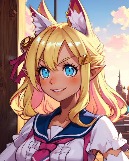 pirilika,cat ears,pointy ears,blonde hair,long sleeves,school uniform,hair ornament,gold hair clip,cat tail,
pink tie, smile, 
upper body standing,festival,outside,
(insanely detailed, beautiful detailed face, masterpiece, best quality),<lora:Pirilika-10v8:0.8>,