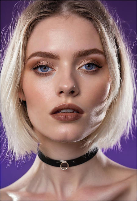 A professional (fashion photo photography:1.2),a  (studio portrait:1.2),showing (surrealistic style:1.1),(black purple gradient background:1.2),(exaggerated character movements:1.5),against glass,(masterpiece, best quality:1.4), perfect body,  long hair, brown hair, brown eyes, parted lips, , detailed skin,model photoshoot, long bob-cut hair, shiny oiled skin, pale skin,  pale white skin, shiny oiled skin, pale skin, realistic eye and face details), hyperrealism, very slim,  bright face, blue eyes, choker, make-up photography by (Ethel Warwick:1.3), modelshoot, pose, , (Ethel Warwick: 1,2) award winning photo macro shot  dramatic lighting,philosophical dimensions,NIKON Z9,35mm,f/1.2,RAW format,stark composition.,(muted tones:1.2),award winning photo,(dream-like quality:1.2),