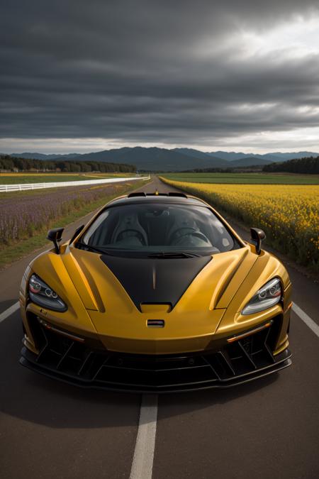 real car, solo, gold mclaren senna, low exposure, vertical photography, realistic, 4k resolution, supreme detail, highly detailed, cinematic lighting,  purple field