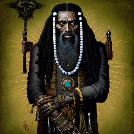 portrait of an old voodoo witch doctor old-fashioned suit, afroamerican skin, long beard, art by newhorrorfantasy_style