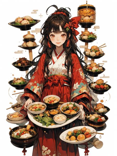 HEZI, 1girl, solo, food, long hair, bangs, long sleeves, bow, looking at viewer, red bow, hair bow, japanese clothes, chopsticks, hair ornament, dumpling, red eyes, brown hair, wide sleeves, flower, layered sleeves, blush, holding, closed mouth, hair flower, kimono, hair intakes, red kimono, plate, sash, white background, nail polish, cup, tassel, obi, floral print, short over long sleeves, green nails, vegetable, fish, soup, cowboy shot, simple background, chinese clothes, brown eyes, red flower, jar, smile, skirt, print kimono, skewer, short sleeves, cloud print, ahoge, bowl, upper body, sidelocks, holding chopsticks, light smile, standing, black hakama, spoon, food art, hakama<lora:åè´§å¥³å­©-000015:0.65>