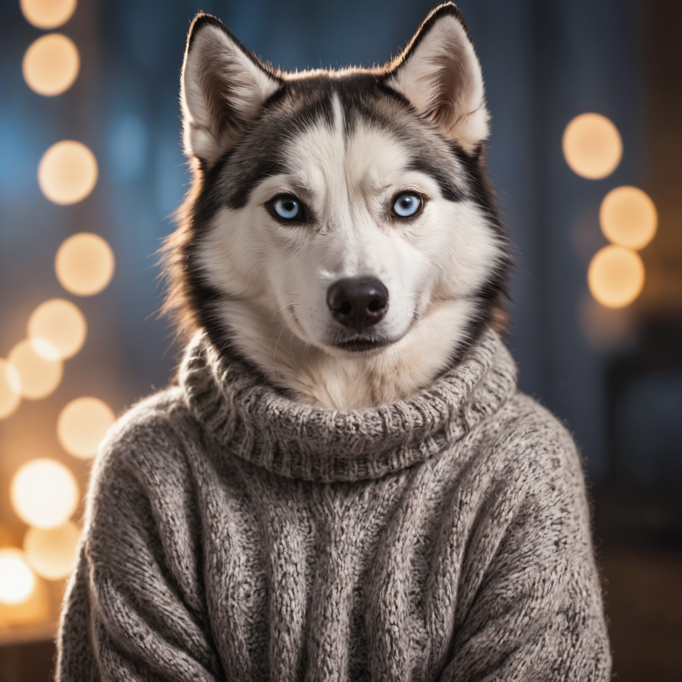 photo of an anthro  husky female wearing a wool sweater,  high quality photography,  3 point lighting,  flash with softbox...