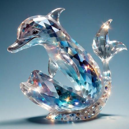 cs-cr1stal-v2, score_9, score_8_up, score_8, Masterpiece, High Details, HD, 8K, Photorealistic, perfect, High Quality, A flying fairy made of cristal with the face of a dolphin. Within a magic World