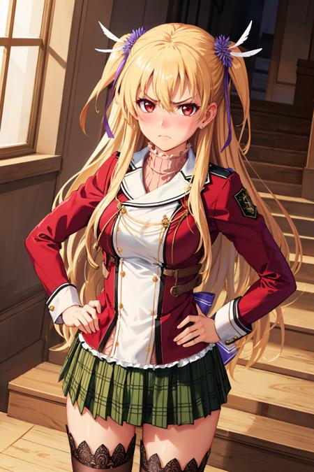 masterpiece, best quality, alisa reinford, sen1alisa, two side up, purple ribbon, turtleneck, red jacket, green miniskirt, brown thighhighs, cowboy shot, looking at viewer, furrowed brow, blushing, annoyed, hands at hips, indoors, stairs <lora:alisa-nvwls-v2-000009:0.9>