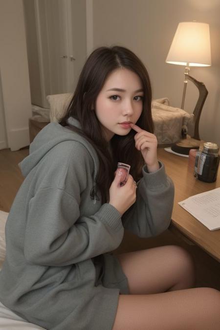 29 yo girl, Korean beauty, brunette, close-up, girl next door, baggy clothes, night, interior,