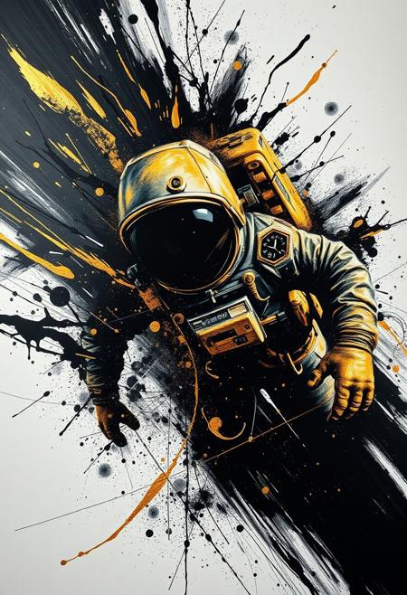 A hyper-stylistic, extremely detailed image depicts a breathtaking painting, crafted from a combination of smeared black and gold metallic paint. An astronaut is captured in a streaked motion, as if it is moving rapidly in one direction. The black paint is applied in bold, dynamic strokes, creating a sense of energy and movement that is contrasted beautifully by the golden accents. The gold paint is used to highlight the astronauts features, adding a sense of depth and dimensionality to the image. The overall effect is one of breathtaking, surreal dynamism, as if the viewer has captured a fleeting moment in time. Every detail of the image is meticulously crafted, from the delicate, swirling patterns of the gold paint to the intricate, textured patterns of the black paint. The contrasts between light and dark, color and texture, create a sense of tension and energy that draws the viewer in, inviting them to explore the kinetic world of the painting. highest-Quality, intricate details, visually stunning, Masterpiece