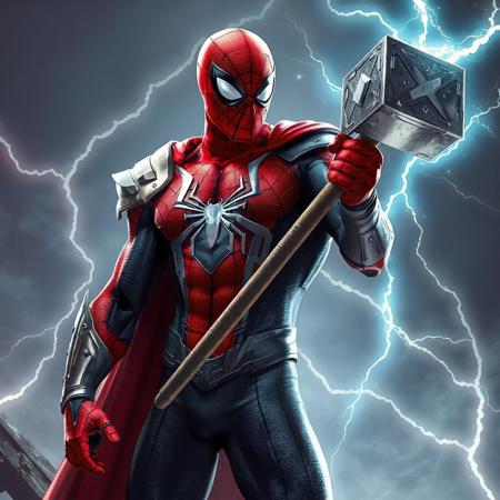 a muscle spiderman with an asgard god armor holding thor hammer with lightings and thunders