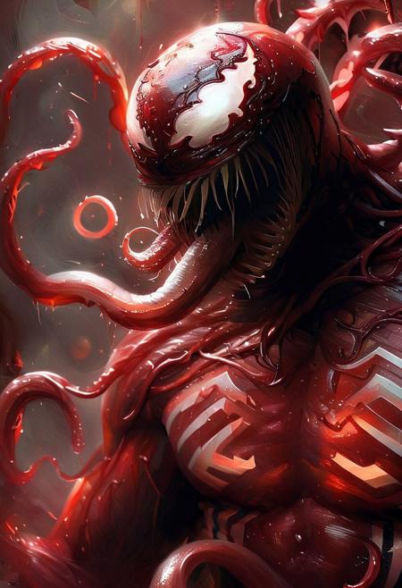 Carnage from Marvel comics, masterful painting in the style of Anders Zorn | Marco Mazzoni | Yuri Ivanovich Pimenov, oil on canvas, big eyes