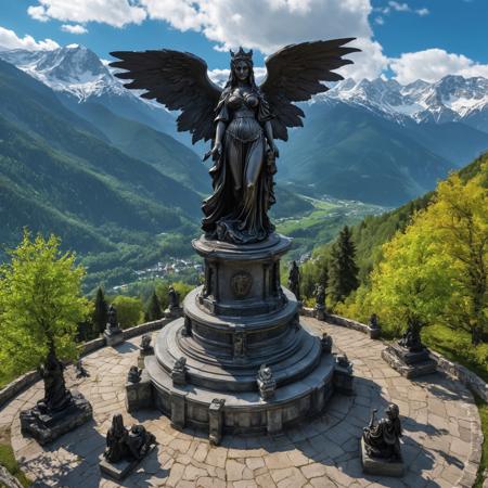 masterpiece, best quality, vivid colours, high quality, deep focus, RAW photo featuring a large, imposing statue, viewed from above, of a beautiful woman wearing a gothic witches outfit, her arms spread wide in welcome, at her feet a small pile of skulls, the statue stands on a round pedestal, on a hilltop, in the centre of a rugged and timeless landscape. Her pose is a display of power and beauty. The statue is made of a dark stone, painted with vivid colours. Surrounding the pedestal are rugged rocks and patches of colourful green foliage. In the background, majestic snow-capped mountains rise above a dense forest under a clear blue sky with scattered cirrus clouds. Tall trees frame the scene on both sides, adding depth and a sense of scale to the composition. The lighting is bright and natural highlighting the textures of the landscape and the statue. The overall atmosphere is dramatic and majestic.