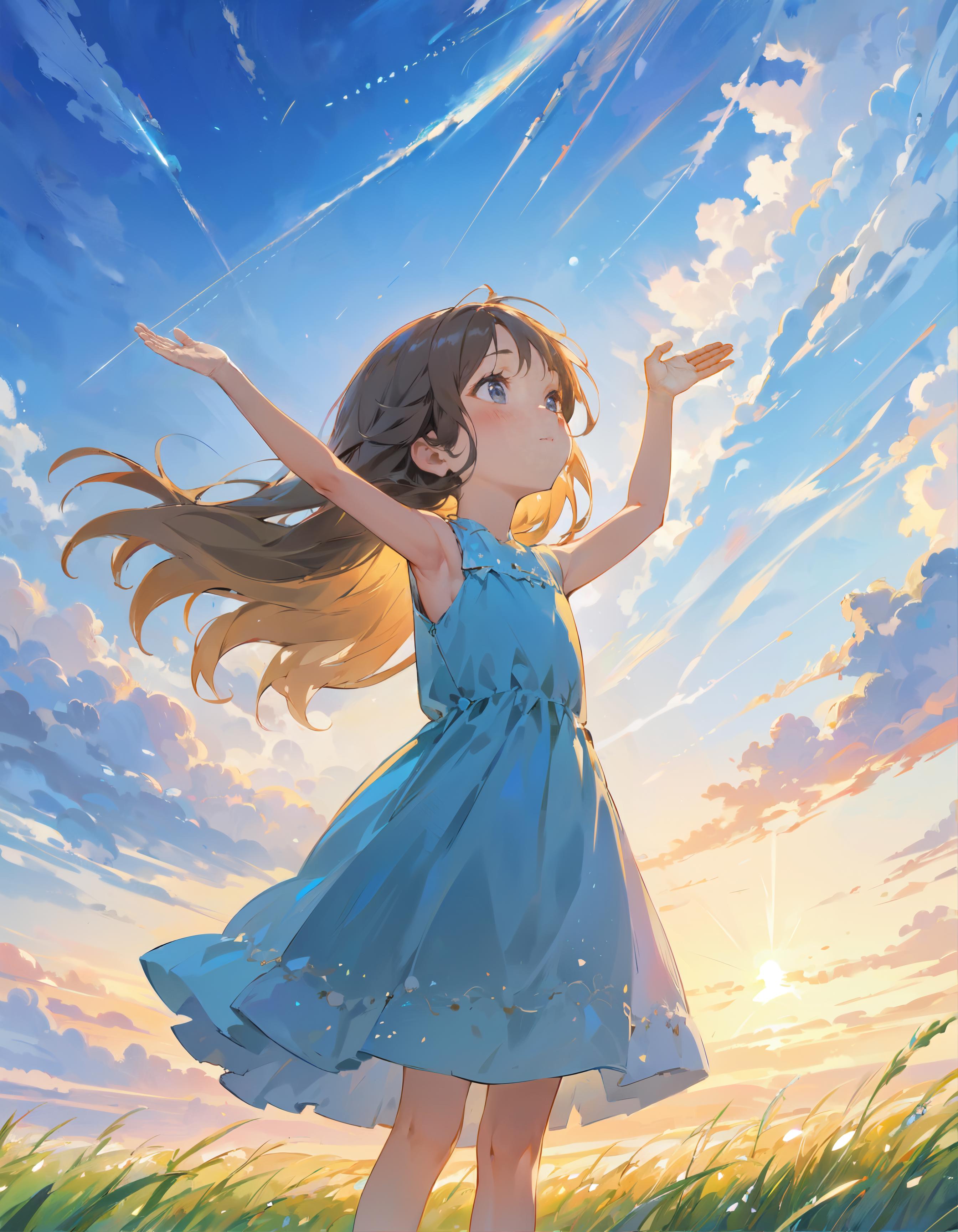 A Little Girl in a Blue Dress Raising Her Hands to the Sky