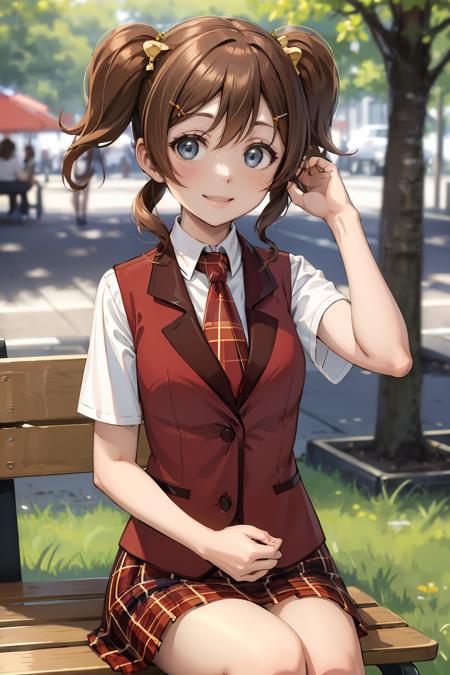 KonoeHaruka, twintails, hair ornament KonoeHaruka, twintails, hair ornament, white shirt, red vest, necktie, plaid skirt