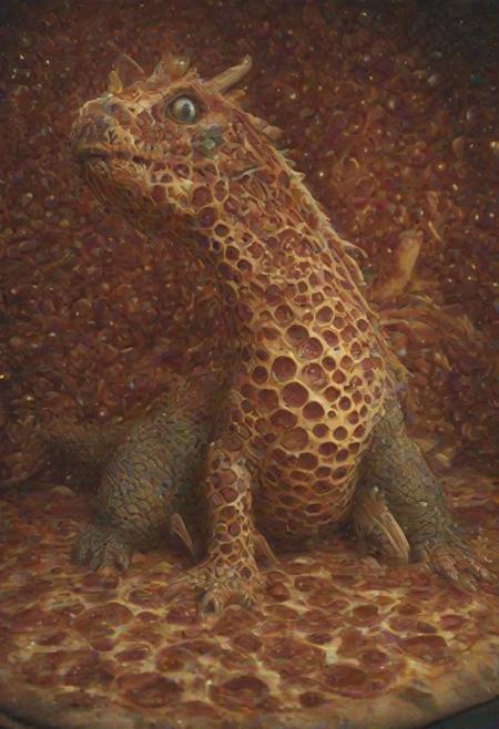 Fearsome dragon, photographic, absurd realism, low-angle view, pepperoni pizza cave, basil leaf scales, white, red, and green color scheme, treasure hoard of pizza, breathing fire, glittering red scales, depth of field, dramatic lighting, intense atmosphere, epic scale, pizzasdx
Low angle, soft diffused lighting, in the style of David Lachapelle