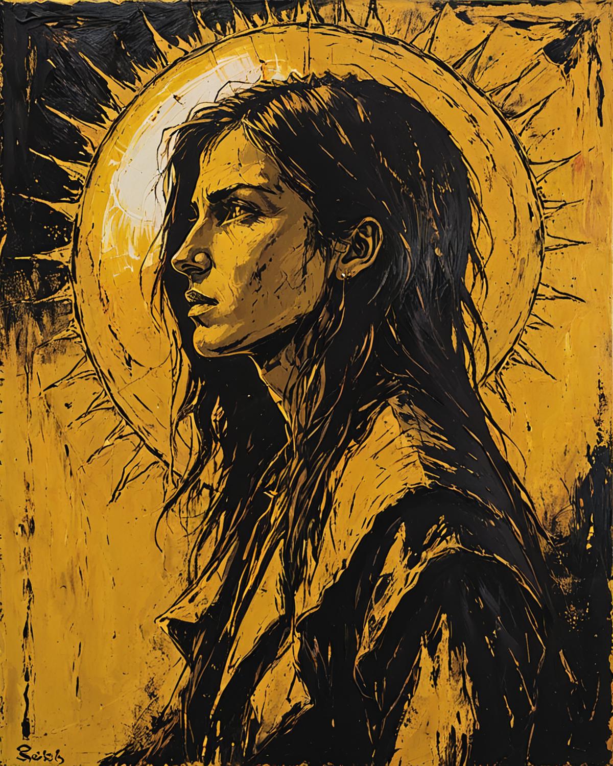 A black and yellow drawing of a woman with long hair and a sun in the background.