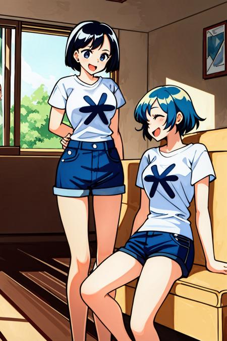 2girls,sitting at table,laughing,t-shirt,shorts,((short hair)),indoors,in mansion, <lora:LORA-XenoDetailer-v2:0.1>