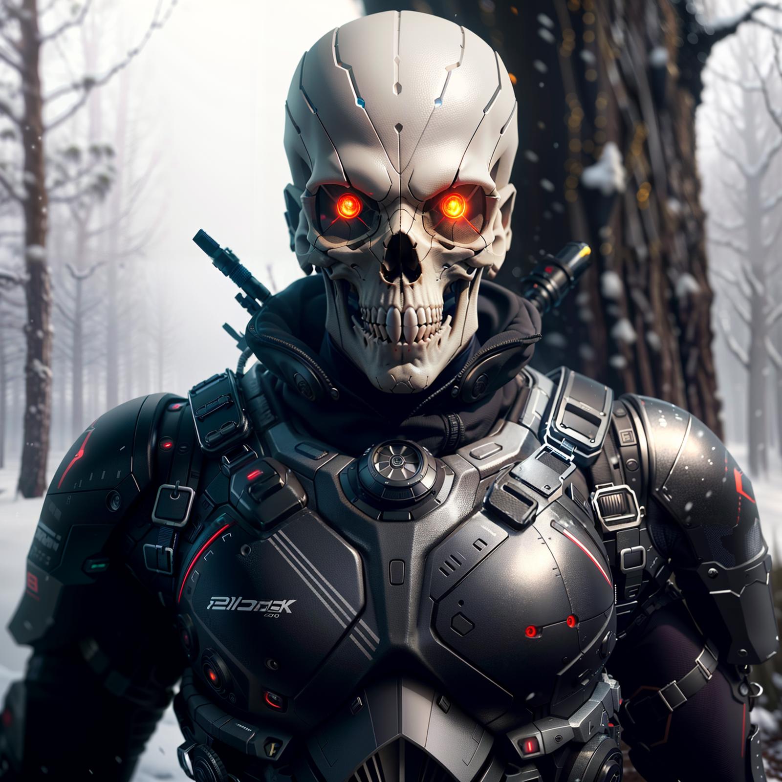 The image features a character with a skull head and a suit of armor, standing in a snowy environment. The skull has red glowing eyes, adding a unique and intriguing element to the scene. The character is wearing a black jacket, and there are several trees in the background, further emphasizing the wintry setting.