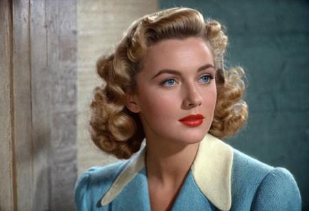 1940s vintage retro, Mary Louise Dahl DCU, blonde hair in curls, blue-eyes, perfect photo, highly detailed, best quality, fine details, coherent face, full body, technicolor film still screencap, kodachrome photograph