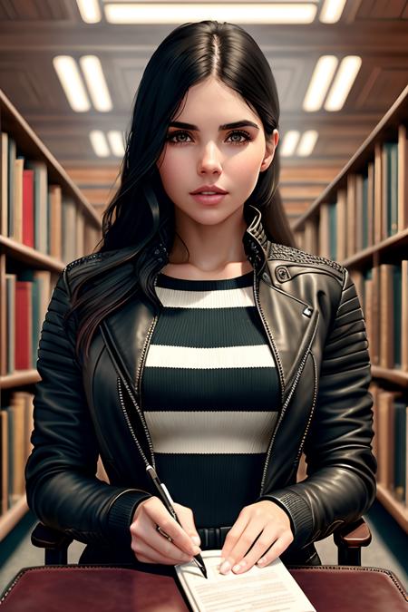 photo of (stephgonz:0.98), a woman in a (leather jacket:1.2), (wearing a striped sweater:1.2), modelshoot style, (extremely detailed CG unity 8k wallpaper), photo of the most beautiful artwork in the world, professional majestic oil painting by Ed Blinkey, Atey Ghailan, Studio Ghibli, by Jeremy Mann, Greg Manchess, Antonio Moro, trending on ArtStation, trending on CGSociety, Intricate, High Detail, Sharp focus, dramatic, photorealistic painting art by midjourney and greg rutkowski, (holding a cell phone:1.1), (sitting on a chair:1.2), (in a library:1.3), (looking at viewer), (detailed pupils:1.3)