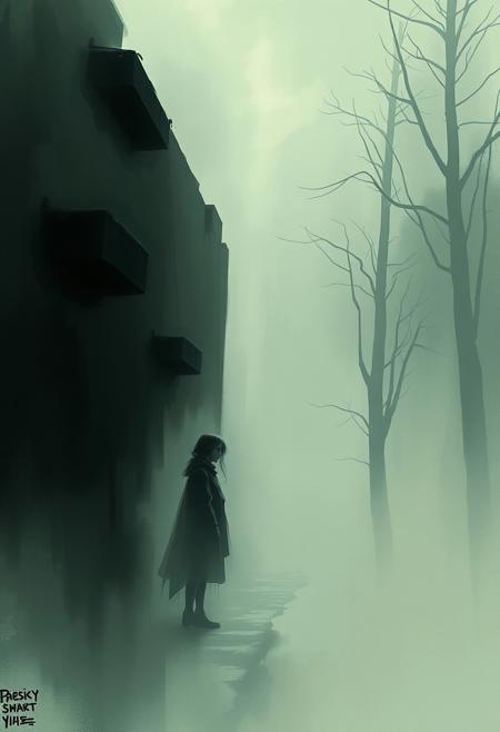 A dynamic digital sketch using loose painterly strokes depicts a lady waiting in thick foggy surroundings.  The scene uses complementary epic colors, misty atmospheric effects, and focuses on rich textures. It's a surrealist depiction with Soviet-era motifs, muted palette, dreamlike distortions, and enigmatic figures, maintaining an unfinished concept-art style.