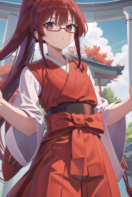 tomoekarijuku, <lora:tomoekarijukutest:1>, tomoe karijuku, long hair, (red eyes:1.1), ponytail, red hair, glasses, semi-rimless eyewear, red-framed eyewear,
BREAK skirt, japanese clothes, hakama, hakama skirt, miko, red hakama,
BREAK looking at viewer,
BREAK outdoors, shrine,
BREAK <lora:GoodHands-vanilla:1>, (masterpiece:1.2), best quality, high resolution, unity 8k wallpaper, (illustration:0.8), (beautiful detailed eyes:1.6), extremely detailed face, perfect lighting, extremely detailed CG, (perfect hands, perfect anatomy),