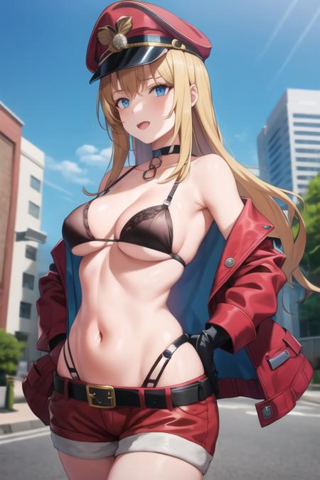 1girl, solo focus, breasts, belt bra, jacket, red shorts, hat, choker, gloves, blonde hair, blue eyes, mansfield chloe <lora:ShuumatsuHaremChloev1:0.7>, buildings, street