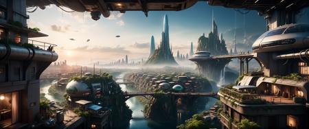 cinematic view of eschatological landscape of a futuristic sci fi city, harmonious, bridges, waterfalls, sci fi, (ultra realistic:1.2), (cables, antennas, parabolic receptors on rooftops, conditionning air systems:1.3), sinuous river, side, vegetation, holograms, sunset, happy life, flying taxis, drapery on windows, (full of life:1.2), high resolution, city, view from above, from the ledge, slums, hyper detailled view, intricate city, atmospheric lighting, high contrast, dar mood, gigantism, ultra large wide angle, full view,  <lora:xl_more_art-full_v1:0.6> <lora:br_max:0.3> <lora:SDS_Contrast tool_XL:0.3>, shallow depth of field, vignette, highly detailed, high budget, bokeh, cinemascope, moody, epic, gorgeous, grainy, , 8k uhd, dslr, soft lighting, high quality, (film_grain:1.2), cinematic style, Leica M4,  50mm f/1.4 lens, f/2.8, ISO 400, 1/125 sec,