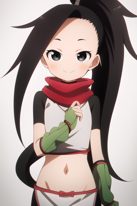 masterpiece, best quality, KunoTsubakiv1, black eyes, black hair, closed mouth, looking at viewer, shirt, long hair, simple background, solo, upper body, asymmetrical bangs, forehead, high ponytail, navel, ponytail,red scarf, scarf short sleeves, smile, pelvic curtain, shorts, green gloves, arm warmers, fingerless gloves,