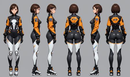 Multi-view, front view, side view, rear view, concept art, sci-fi character design, 1girl, brown hair, ass, short hair, science fiction, full body, gloves, jacket, standing, bodysuit, multiple views, skates, sneakers, shoes, grey background, gradient,